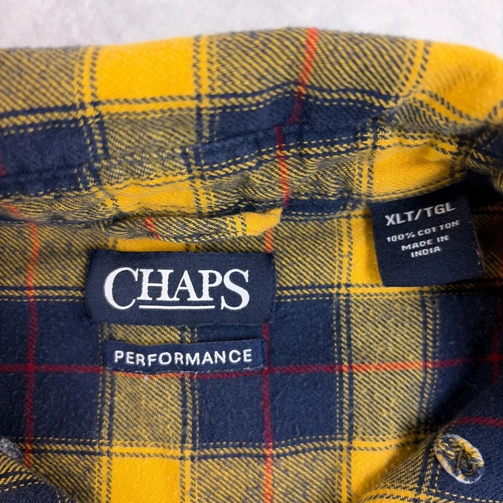 Chaps Performance Mens XLT Tall Flannel Shirt Yellow Navy Blue Plaid Cotton L/S
